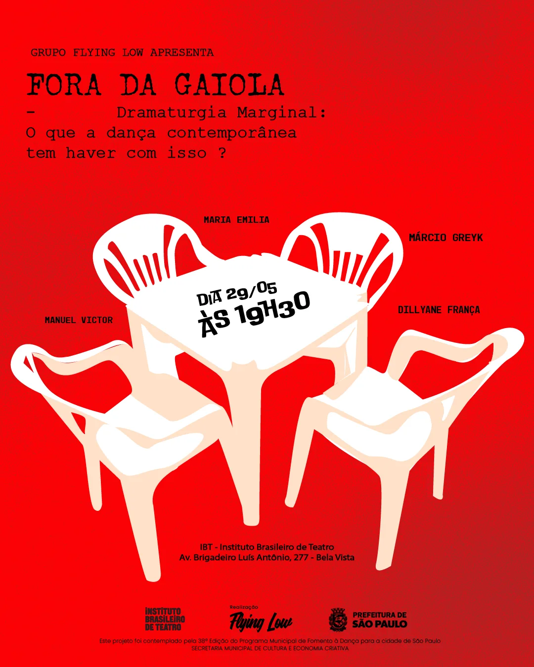 Flyer vermelho de Fora da Gaiola com quatro cadeiras brancas
