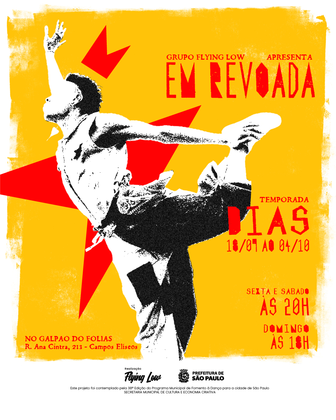 Cartaz de Em Revoada, com uma figura dançando sobre fundo amarelo